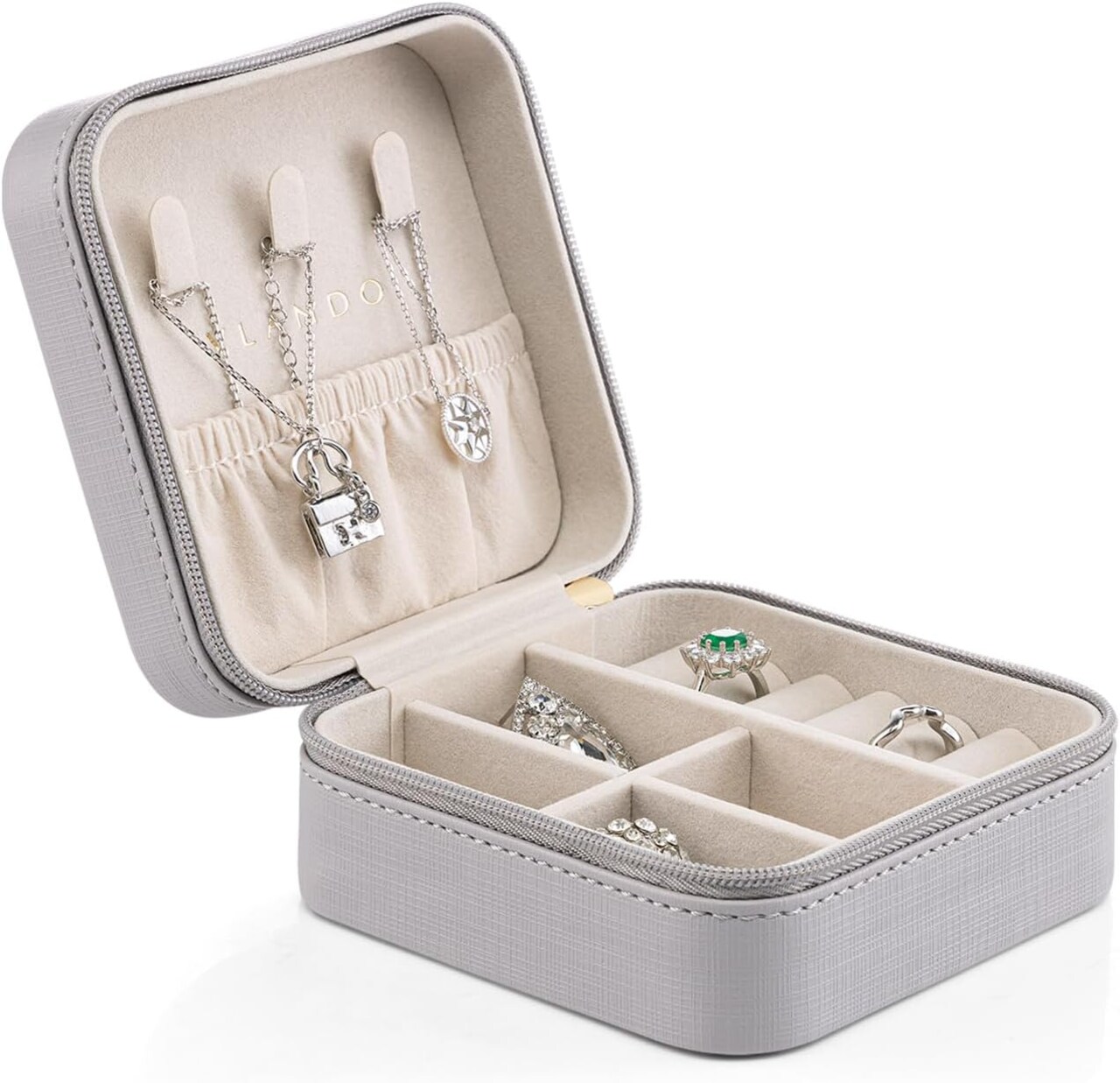 Small Travel Jewelry Box Organizer Display Case for Girls Women Gift Rings Earrings Necklaces Storage, Light Grey
